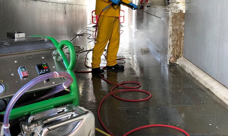 Intercity contractor performing shot-blasting work in a basement